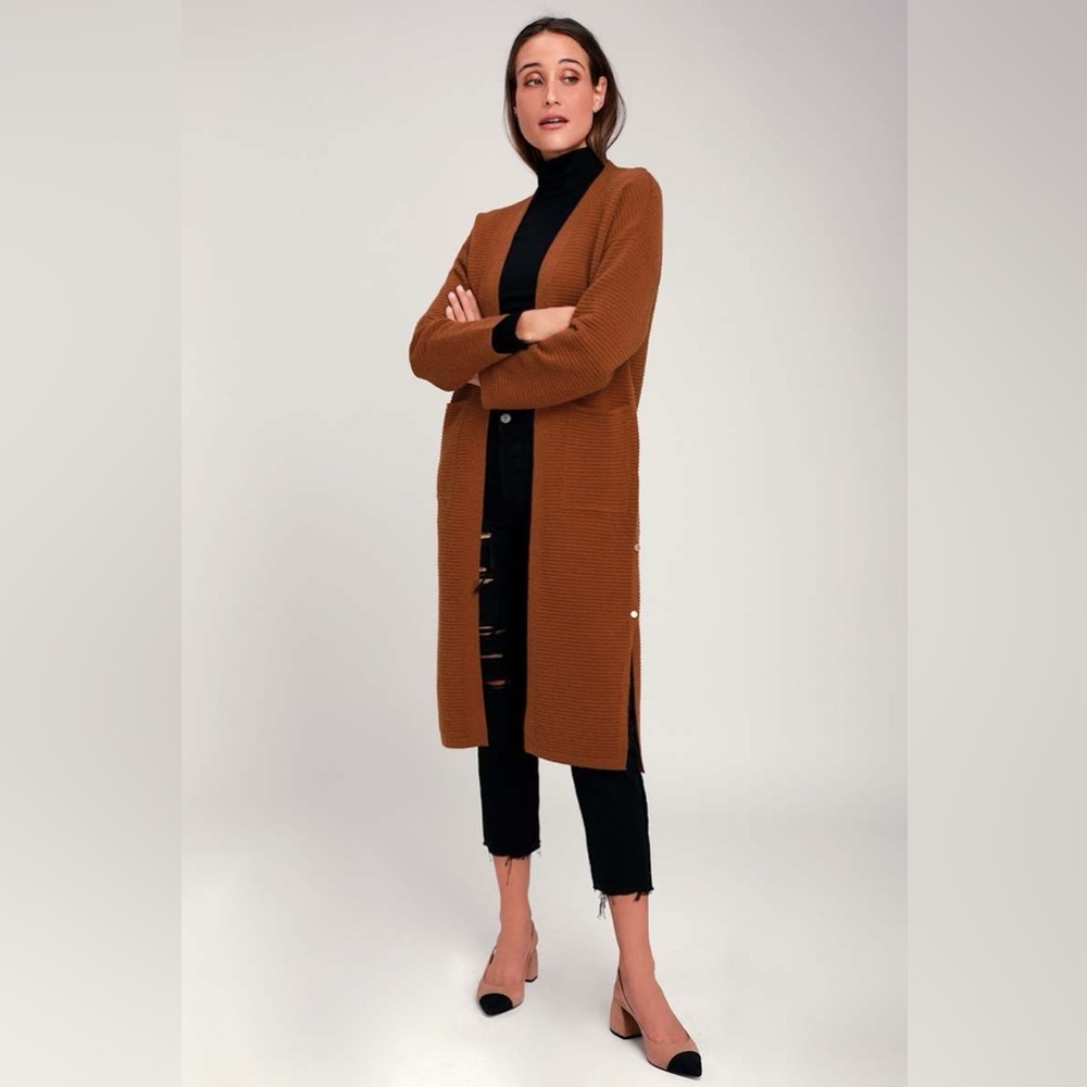 JOA Brown Ribbed Cozy Long Cardigan sz S